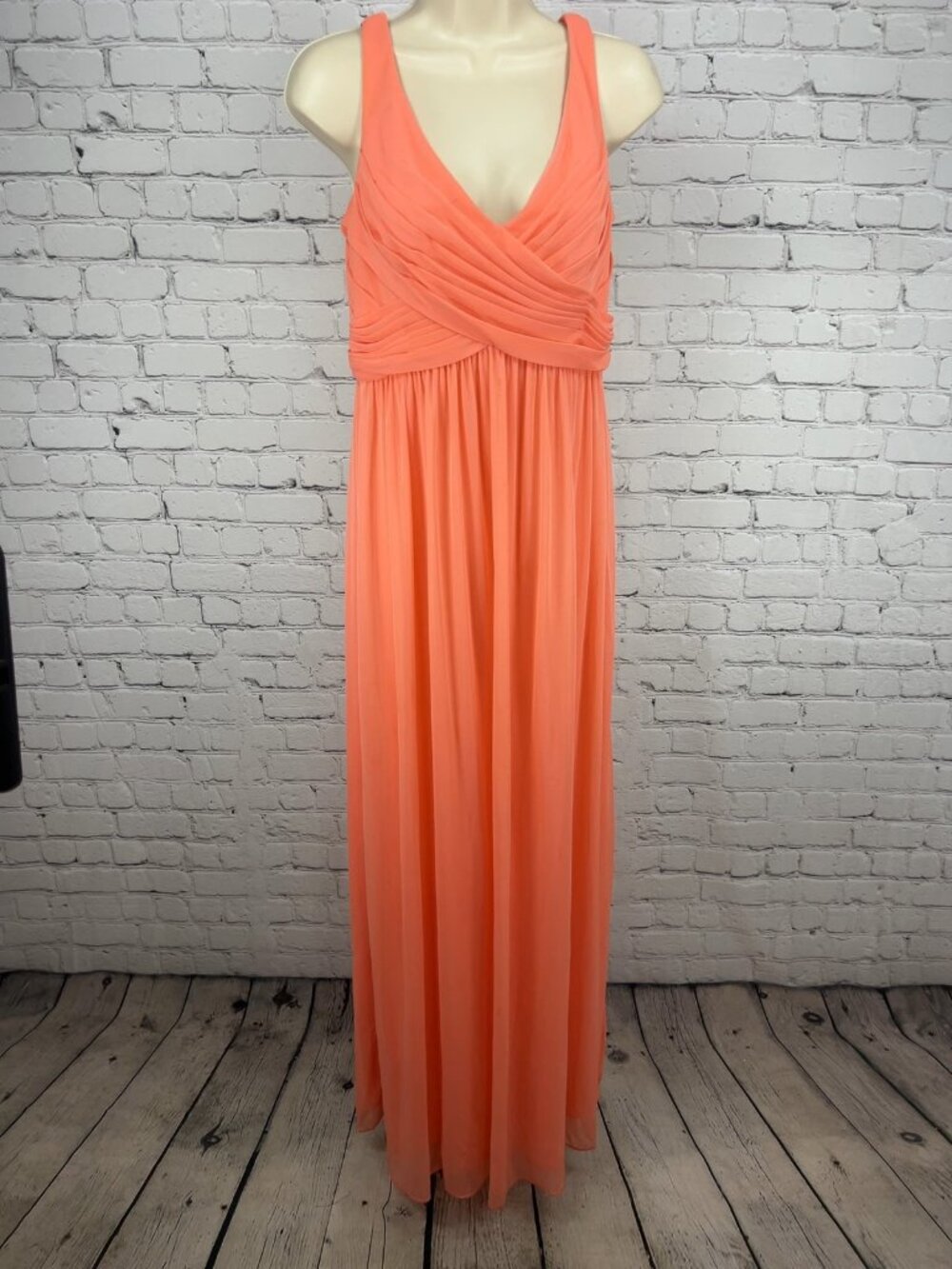 David's Bridal Coral Reef Mesh Crisscross V Neck Long Bridesmaid Dress 6